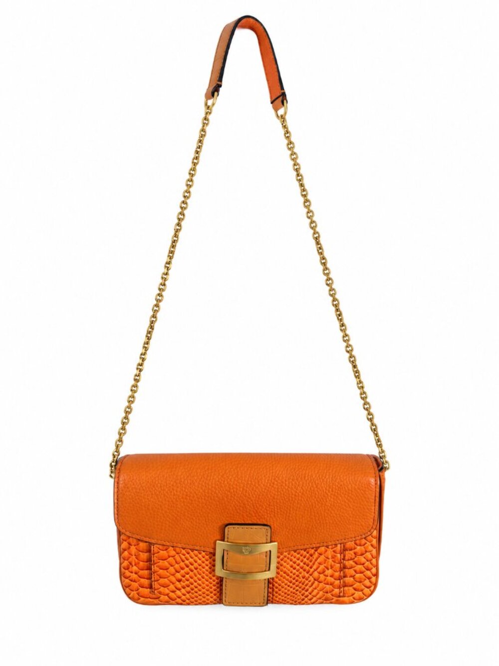 MCM Orange Reptile Embossed Leather Chain Shoulder Bag w/ COA